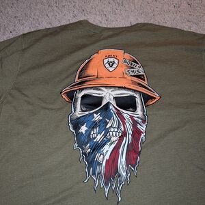 Ariat Rebar T Shirt 2XL Mens Green Short Sleeve Pocket Logo Skull Flag USA